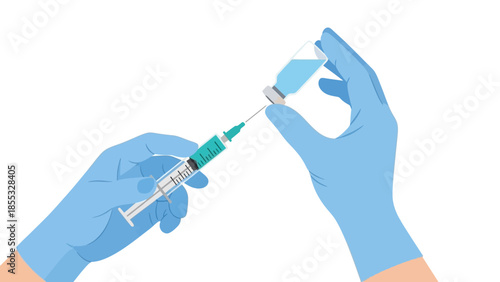 Medical injection concept with syringe and vaccine in gloved hands