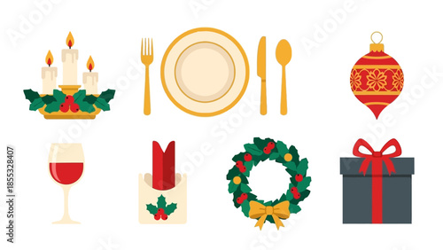 Festive holiday dinner set with candles, wreath, and gift box