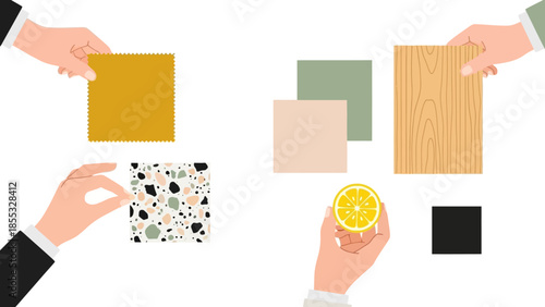 Interior design concept with fabric swatches and material samples on