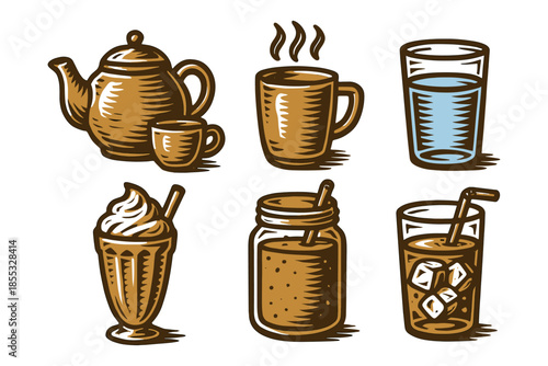 Retro style beverage set featuring tea, coffee, milkshake, smoothie, iced drink, and water glass