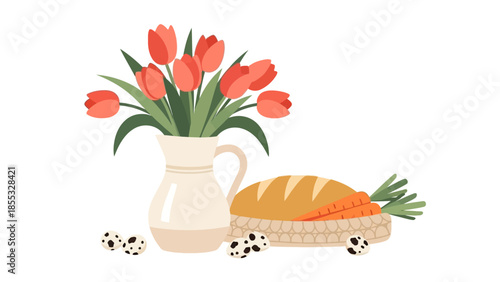 Springtime brunch setting with tulips, bread, and quail eggs in flat