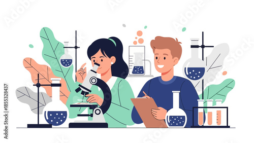 Science lab exploration: young researchers with microscope and beakers