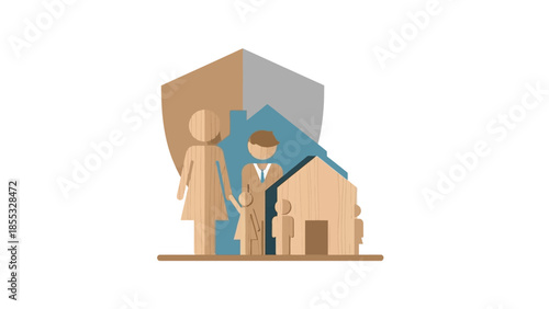 Family protection concept with wooden figures and shield