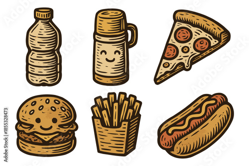 Vintage style smiling fast food icons: pizza, burger, hotdog, fries, bottle, thermos