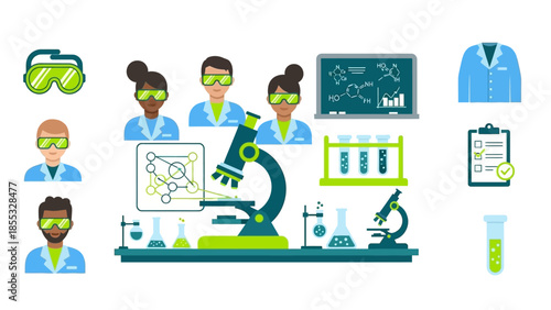 Science lab team with microscope and chemistry elements in flat style