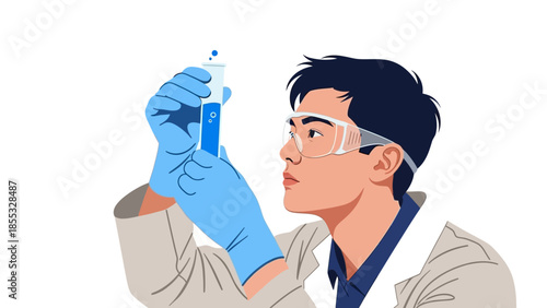 Scientist analyzing blue liquid in laboratory with protective gear