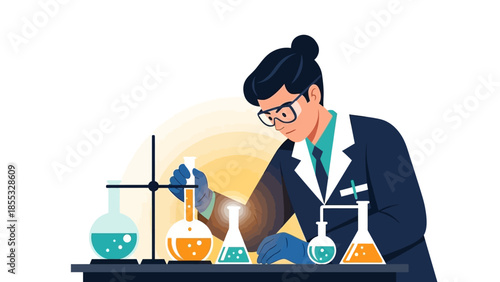 Scientist conducting lab experiment in modern flat design