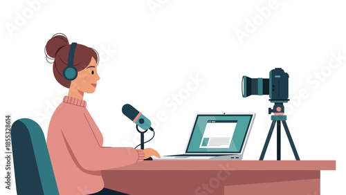 Woman podcaster with laptop and microphone in home studio setting