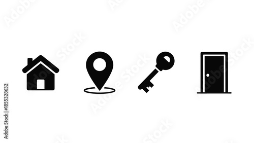 Simple icons representing home, location, key, and door for real estate or access concept