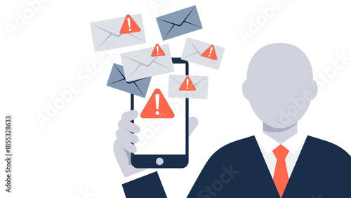 Email alert overload concept with person holding smartphone and