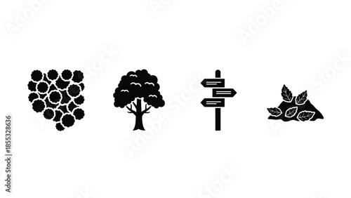 Nature icons representing growth, seasons, direction, and decay