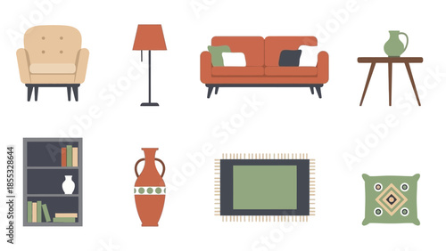 Mid century modern furniture collection with sofa, lamp, and decor