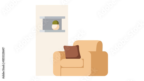 Minimalist living room scene with armchair and wall art