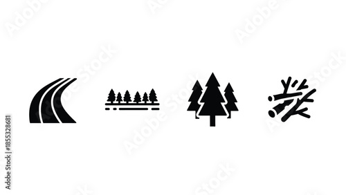 Simple icons representing a road, trees, and woodpile for nature or travel themes
