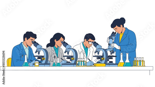 Team of scientists conducting research in laboratory with microscopes