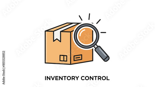 Inventory Control Management System Magnifying Glass Over a Cardboard Box Illustrating Stock Management and Order Fulfillment