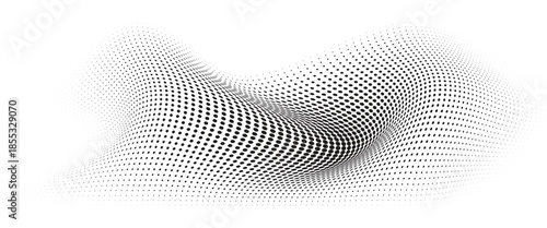 Flowing Wave Dot Halftone Pattern: Curve Gradient Shape on Transparent Background. Suitable for AI, Tech, Network, Digital, Science, and Technology Themes.