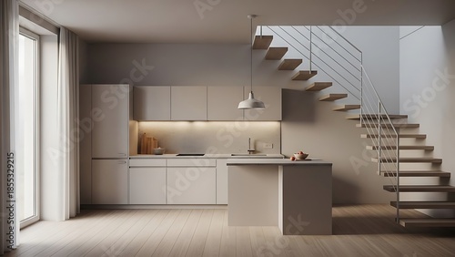 Minimalist kitchen design featuring open staircase and soft neutral colors