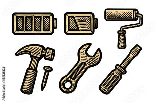 Vintage hand-drawn tools and battery icons for diy and energy themes