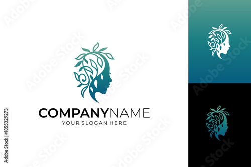 Women's beauty and health logo template with a woman's head silhouette concept and leaf decoration.