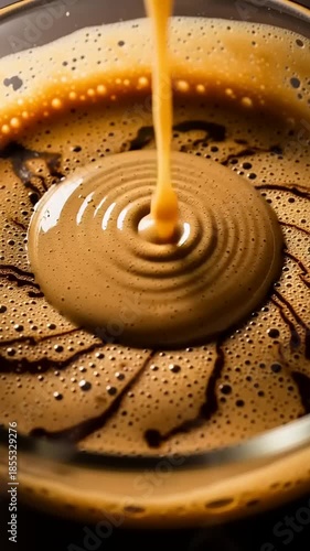Close-up of rich, creamy brown liquid forming concentric circles in a smooth, frothy beverage