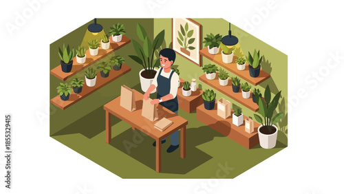 Small business owner organizing plants in a modern indoor garden shop