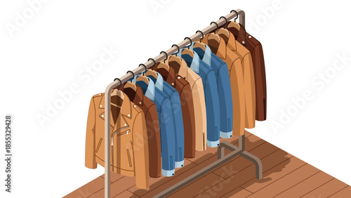 Isometric wardrobe rail with stylish jackets on wooden floor