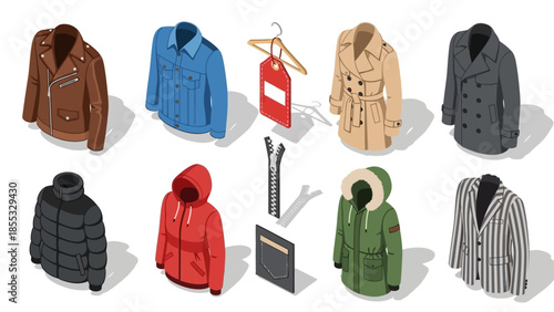 Isometric outerwear collection: stylish jackets, coats, and hoodies on display