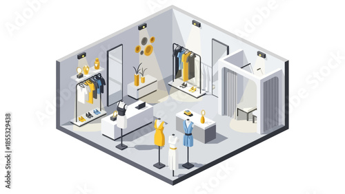 Modern isometric fashion boutique with dressing rooms and display stands