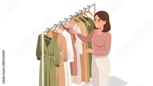 Woman shopping for clothes at fashion retail store in minimalist style