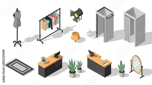 Isometric fashion boutique elements: mannequin, garment rack, fitting room, cash register