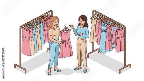 Two women shopping for dresses in a clothing store with hanging racks