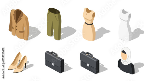 Stylish isometric fashion and accessories collection for modern professionals