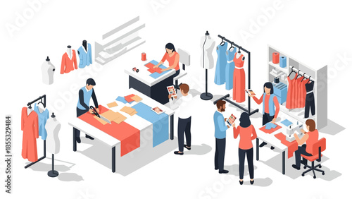 Fashion design studio isometric view with designers sewing and creating garments