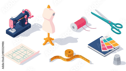 Sewing essentials isometric set with sewing machine, mannequin, and tools for tailoring and fashion design