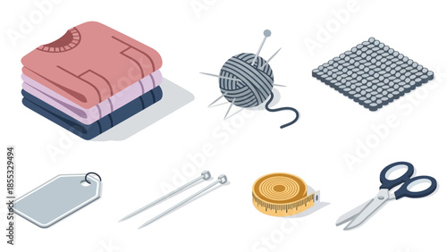 Isometric knitting and sewing tools set featuring yarn, needles, and more