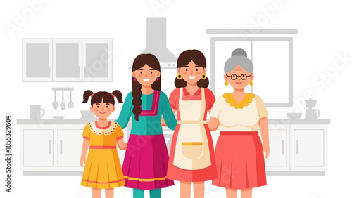 Diverse generations of women smiling together in a modern kitchen setting