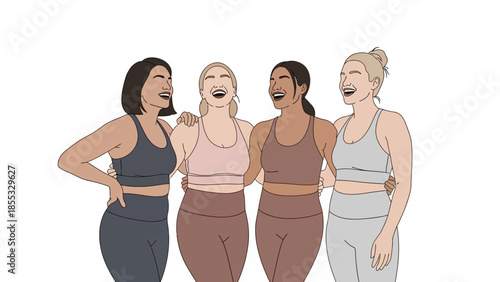Diverse group of women laughing together in activewear