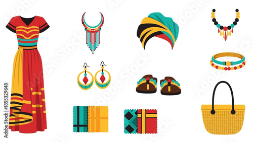 Colorful african fashion elements set in flat style featuring dress, jewelry, shoes, and accessories