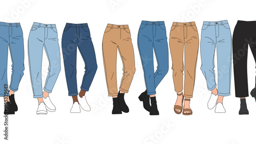 Trendy casual outfits: diverse pants styles and shoes in fashion design