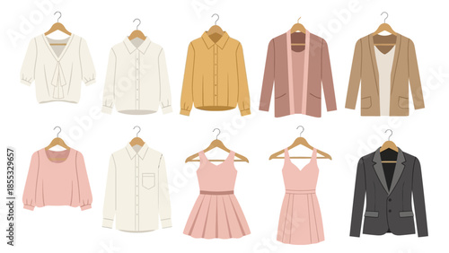 Fashionable wardrobe set with blouses, dresses, and blazers on hangers