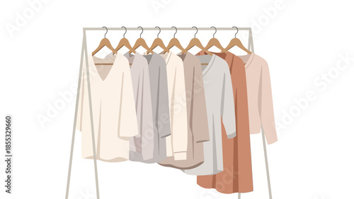 Minimalist clothing rack with hanging neutral toned shirts