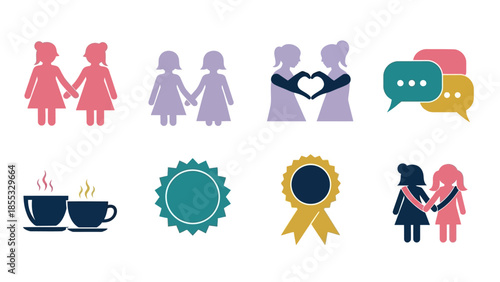 Colorful feminine icons set: friendship, awards, and communication elements