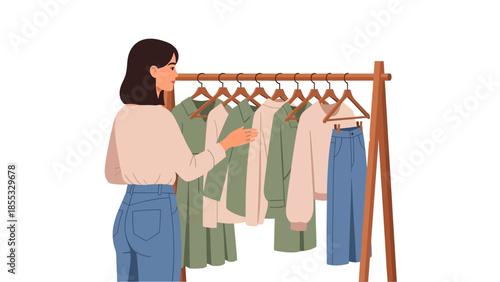 Woman choosing clothes from wardrobe rack in minimalist fashion shop