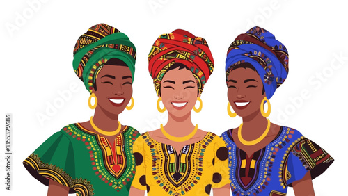 Colorful traditional african fashion with vibrant headwraps and smiling women in ethnic attire