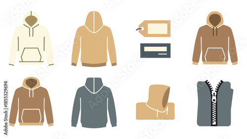 Flat design hoodies and accessories set featuring various colors and styles