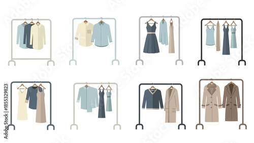 Contemporary fashion racks with dresses and coats in calm earthy tones