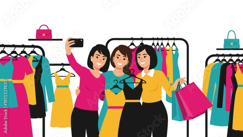 Friends shopping selfie in fashion boutique with colorful clothing on display