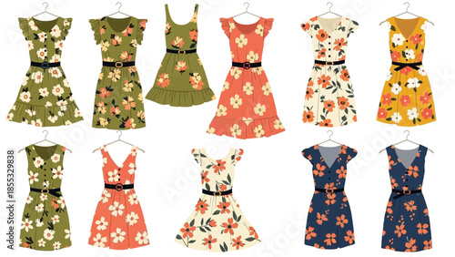 Colorful floral dresses on hangers: fashionable summer wardrobe collection