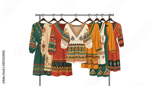 Traditional folk dress collection on hangers with colorful patterns